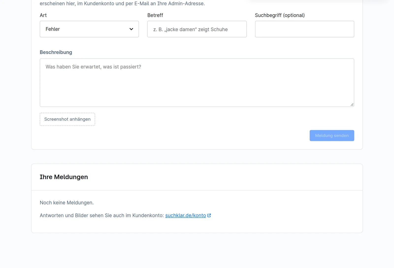 Feedback-Formular im Shopware-Admin mit Art, Betreff, Suchbegriff, Beschreibung und Screenshot