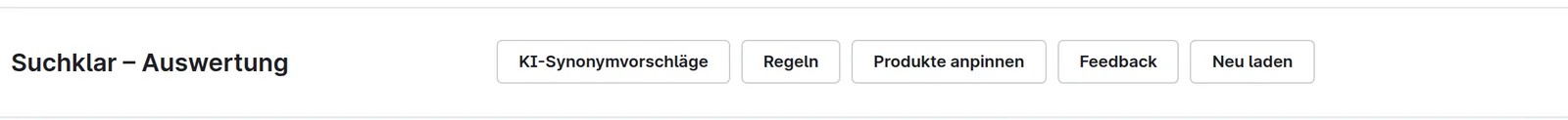 Kopfzeile der Suchklar-Auswertung mit Knöpfen für Synonymvorschläge, Regeln, Produkte anpinnen und Feedback