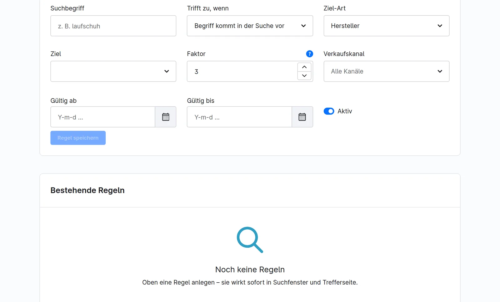 Formular für eine neue Suchregel mit Suchbegriff, Ziel, Faktor und Zeitraum