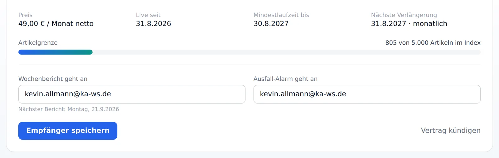 Vertragsdaten mit Artikelgrenze und Empfängern für Wochenbericht und Ausfall-Alarm