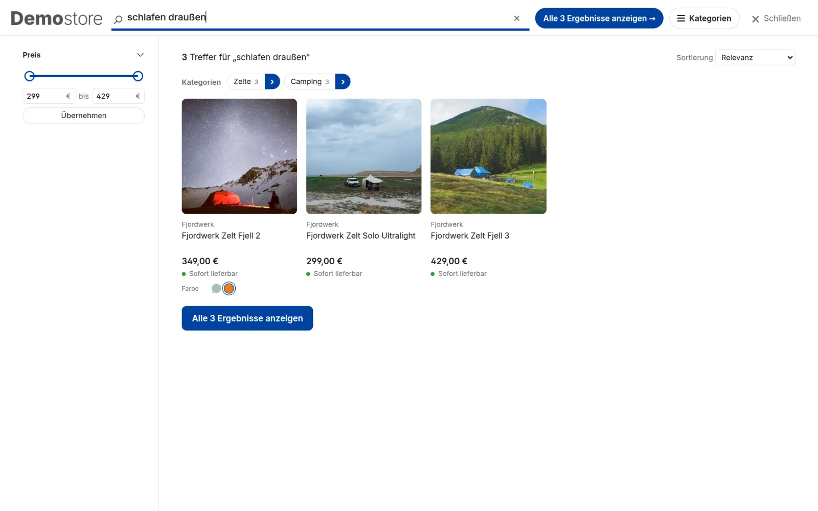 Suche „schlafen draußen“ findet drei Zelte