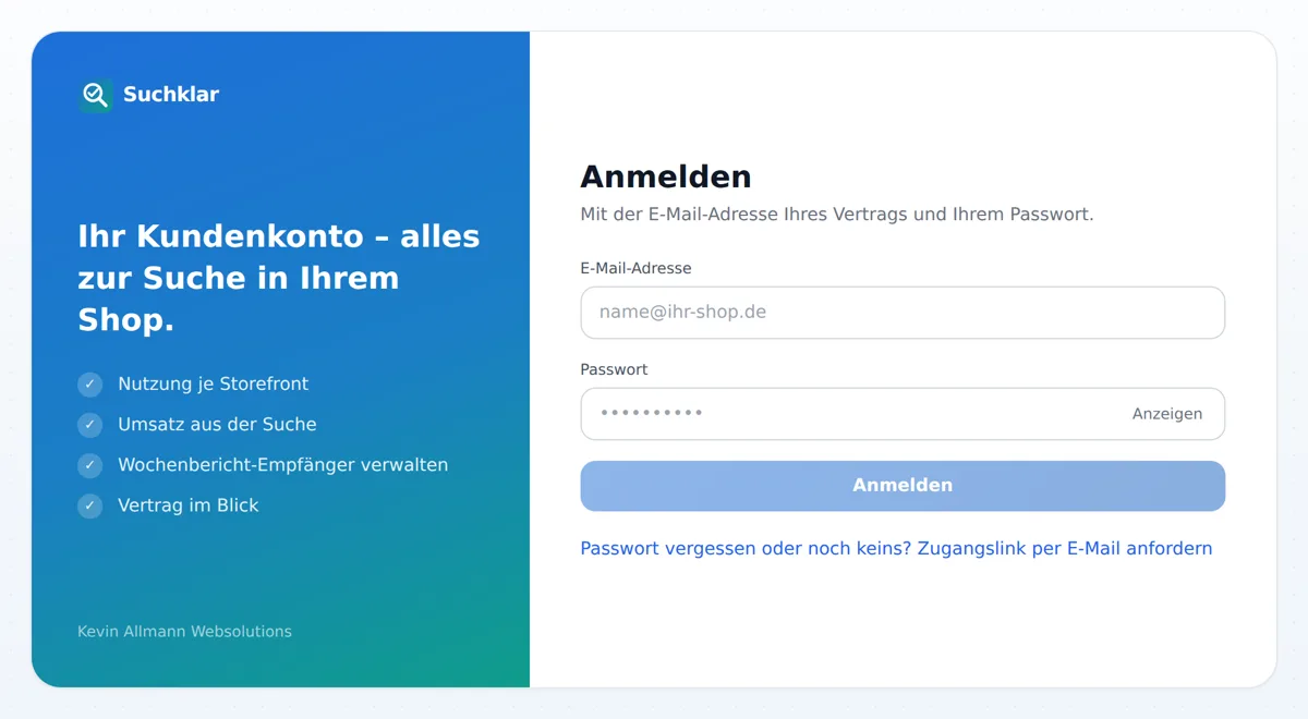 Anmeldeseite des Kundenkontos mit Feldern für E-Mail-Adresse und Passwort, Knopf „Anmelden“ und Link „Zugangslink per E-Mail anfordern“