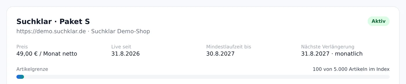 Vertragskarte „Suchklar · Paket S“ mit Status Aktiv, Preis 49,00 € pro Monat netto, Live seit, Mindestlaufzeit bis, nächste Verlängerung und Balken „100 von 5.000 Artikeln im Index“