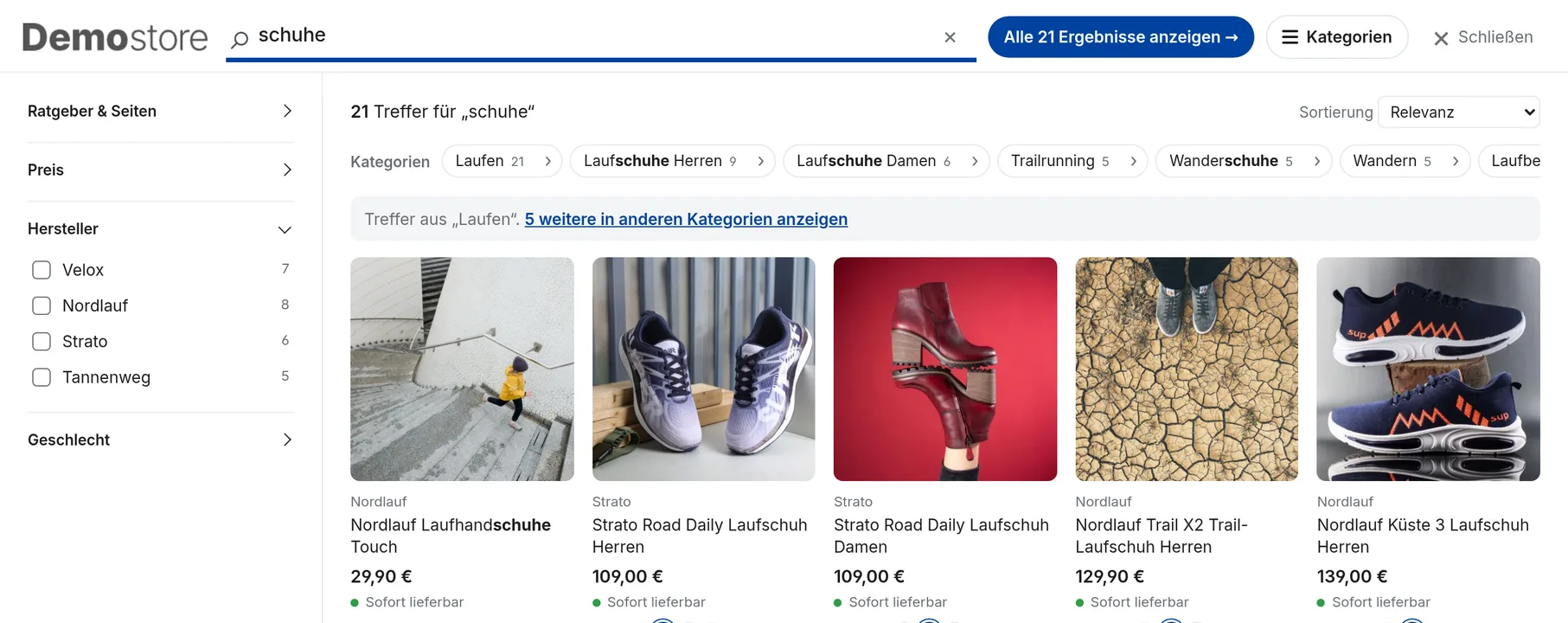 Suchfenster mit Herstellerfilter als Liste mit Kästchen
