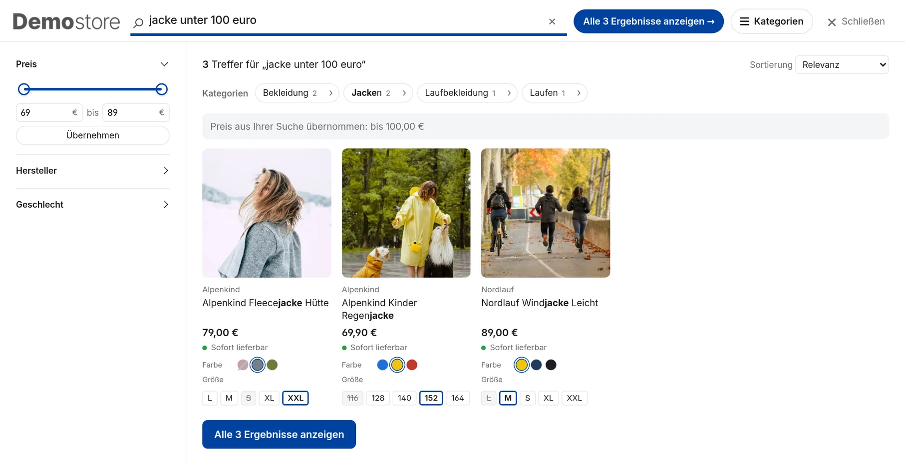 Suchfenster: Suche „jacke unter 100 euro“ mit Hinweis „Preis aus Ihrer Suche übernommen: bis 100,00 €“